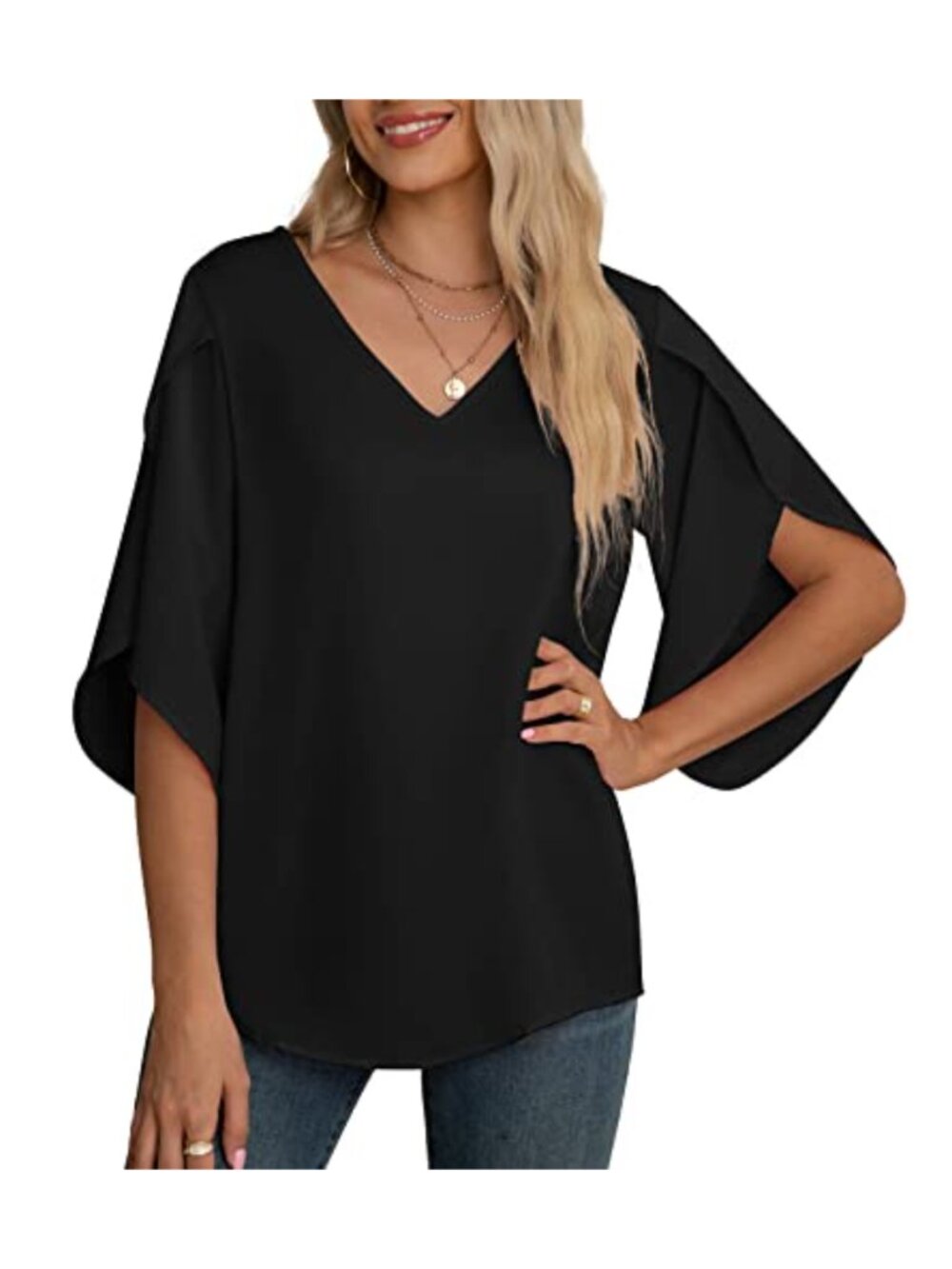 Womens 3/4 Ruffle Sleeve Chiffon Blouse V-Neck Business Casual Top